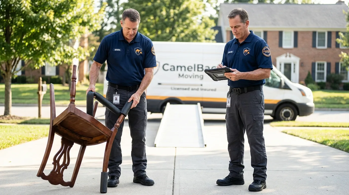 Movers inspecting furniture for damage prevention before loading in Mount Sterling, KY