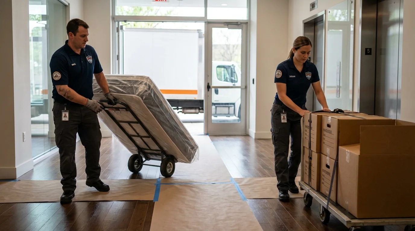 Professional apartment movers loading elevator in Mount Sterling, KY